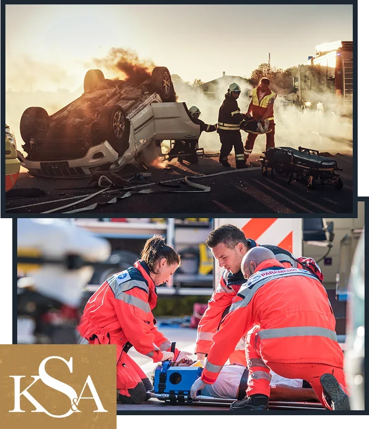 Overturned vehicle accident scene with emergency responders representing car accident claims handled by KDS Law in New York.