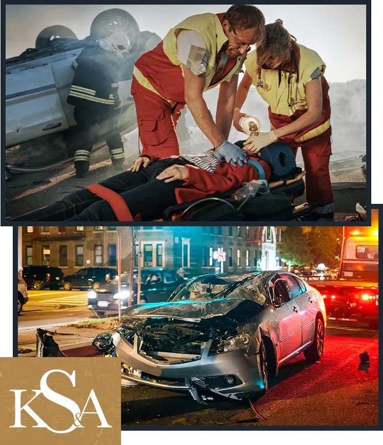 Car accident scene and paramedics assisting injured victim representing personal injury FAQ at KDS Law in New York
