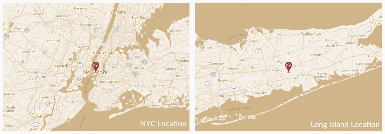 Map showing KDS Law office locations in New York City and Long Island for personal injury legal services.