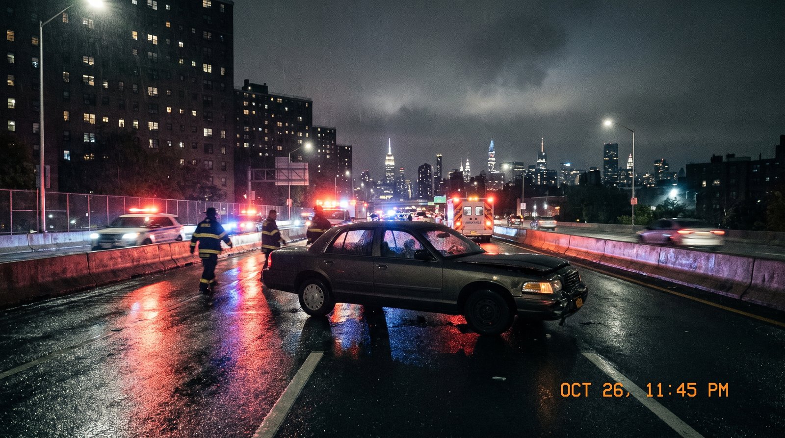 Nighttime NYC expressway with emergency lights after a car crash in the Bronx