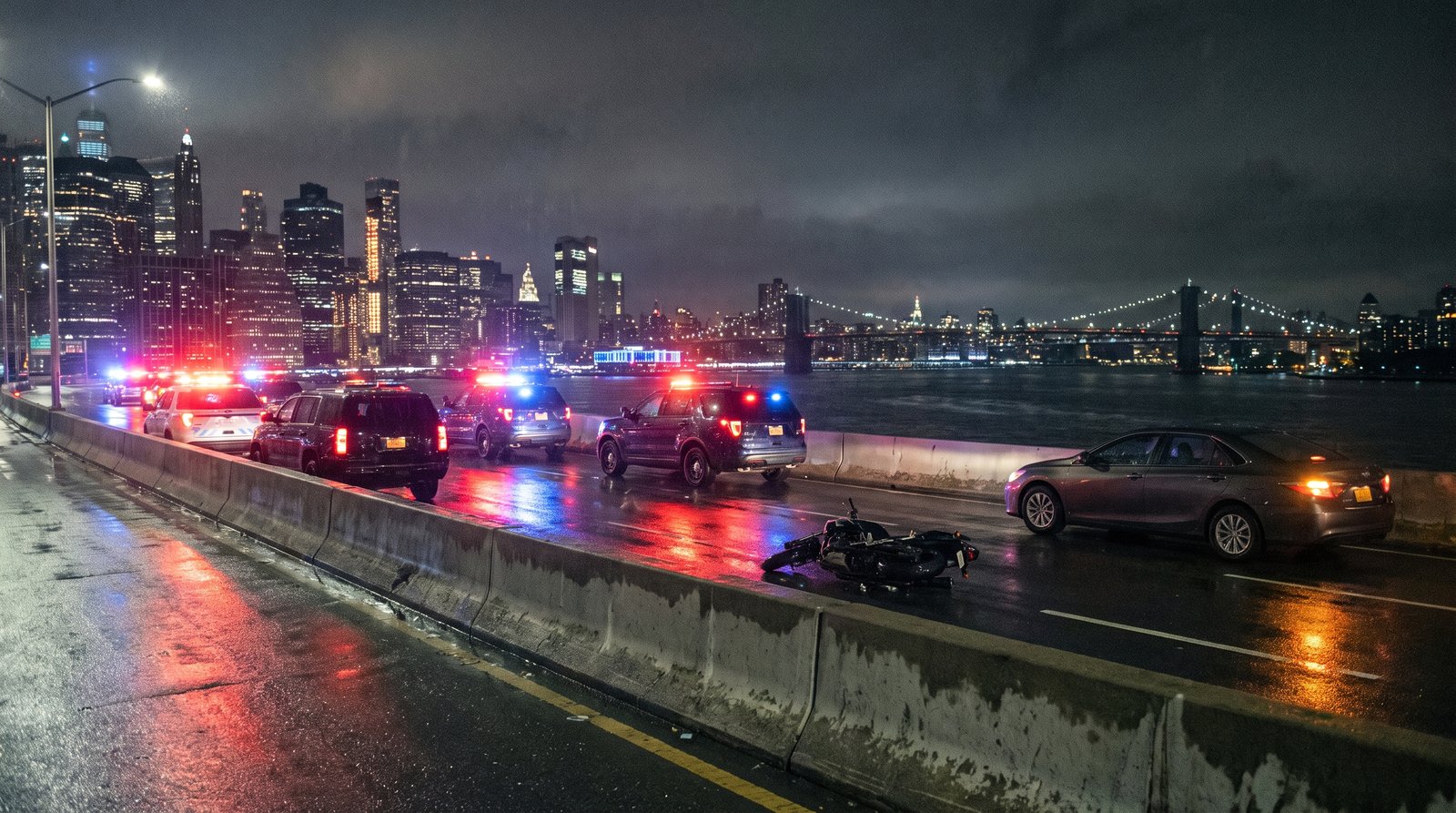 Emergency responders at the scene of a nighttime motorcycle crash on an FDR Drive-style highway in New York City