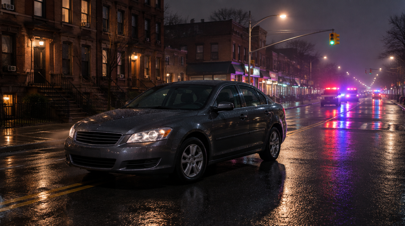 Nighttime Brooklyn residential street with a stopped sedan and distant emergency vehicle lights on wet pavement
