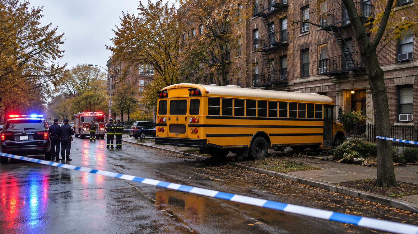 Brooklyn, NY – Bus Driver Injured After School Bus Jumps Curb and Strikes Apartment Building on Eastern Parkway near Albany Avenue in Crown Heights