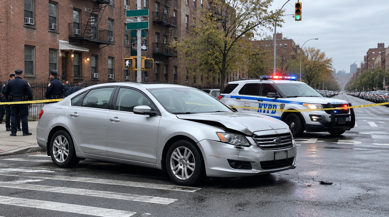 NYPD at a Bronx intersection car accident scene with a damaged sedan, relevant to a NYC car accident lawyer