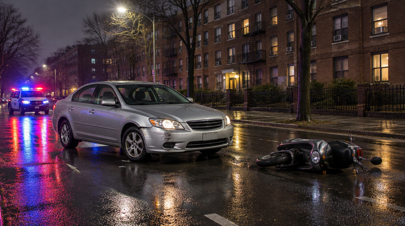 Nighttime Bronx street after a moped and car collision, scene a NYC car accident lawyer would review
