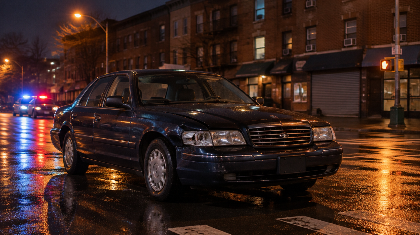 Damaged sedan at a Brooklyn NYC intersection at night with police lights after a two-vehicle crash, illustrating a NYC car accident lawyer topic