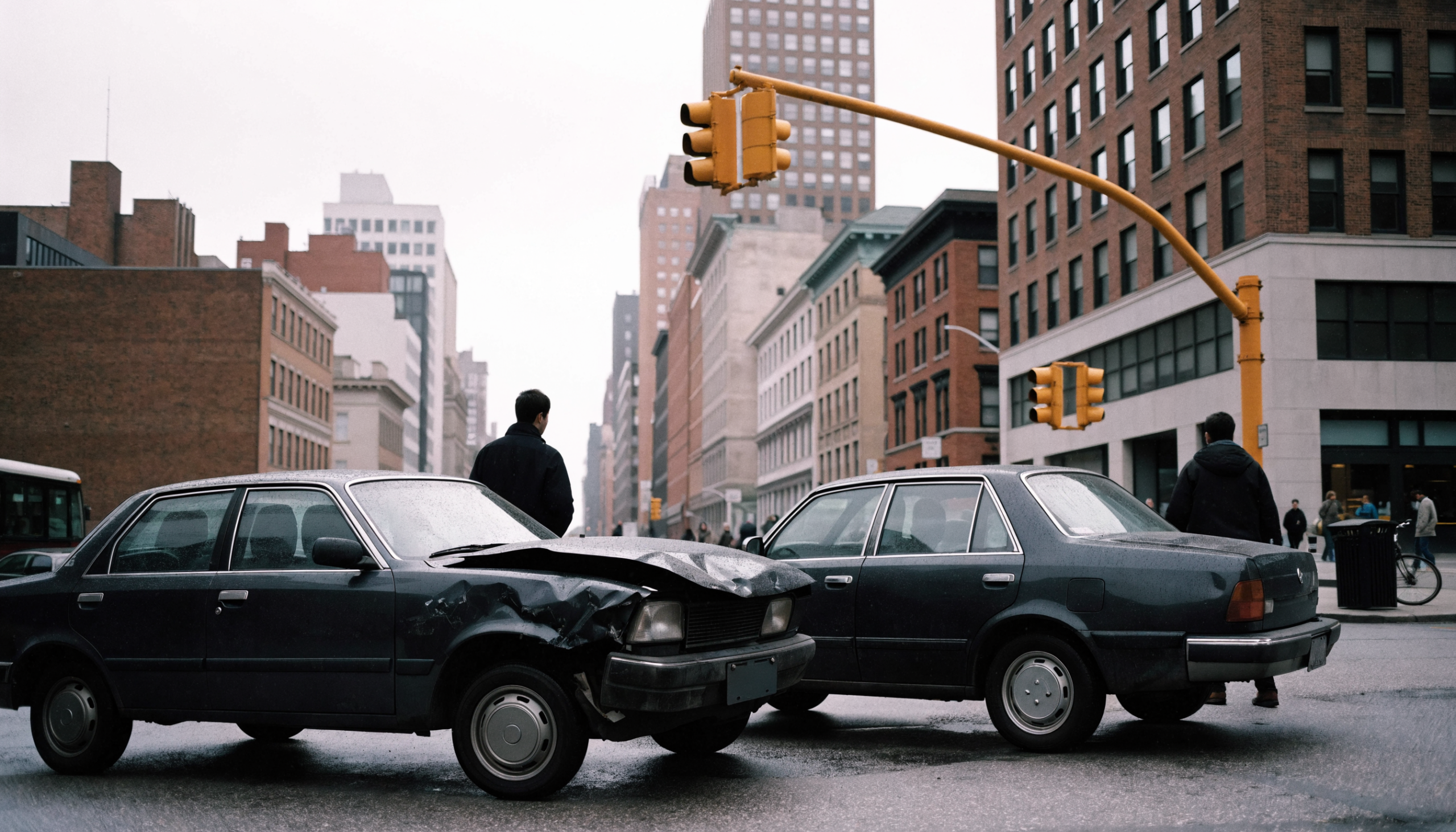 Two cars after a collision at a New York City intersection, NYC car accident
