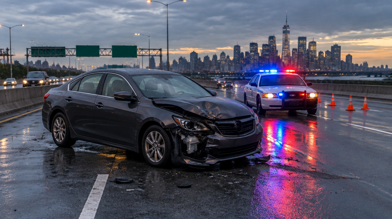 Damaged car and police cruiser on a wet New York City expressway after a wrong-way crash, scene relevant to an NYC car accident lawyer